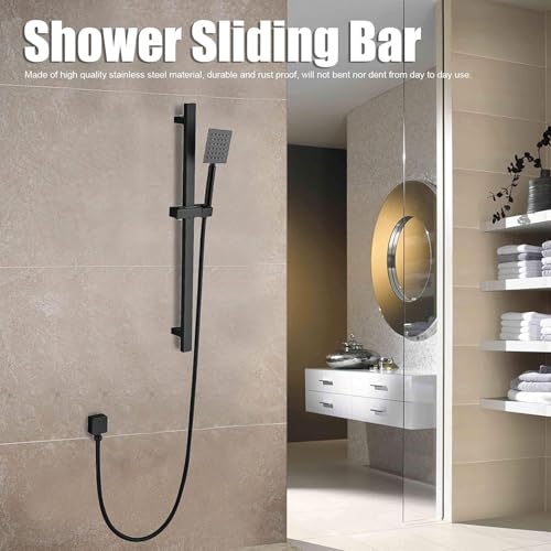 Bathroom Shower Slide Bar,26 Inch Square Slide Bar | with Height/Angle Adjustable Handheld Shower Head Holder Wall Mount , SUS 304 Stainless Steel (Matter Black)