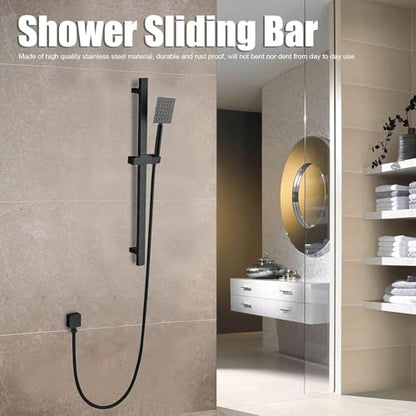 Bathroom Shower Slide Bar,26 Inch Square Slide Bar | with Height/Angle Adjustable Handheld Shower Head Holder Wall Mount , SUS 304 Stainless Steel (Matter Black)