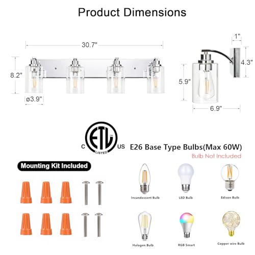 4-Light Bathroom Light Fixtures Modern Chrome Vanity Lights | Easy to Install Clear Glass Shades, Wall Mount Up or Down, E26 Socket, Hardwired, 127V - color: Chrome, size: 4 Lights