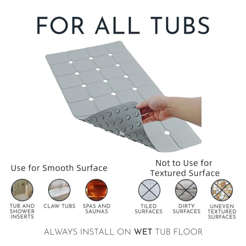 Bathtub Mat Non Slip 15" x 28" Silicone Foldable Tub Mat with Strong Suction Cups & Large Drain Holes, Durable & Eco-Friendly, for Smooth Surfaces, Ideal for Seniors, Adults Grey - color: Grey