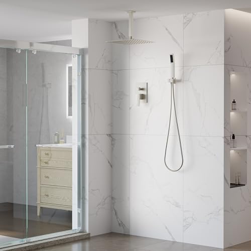 WELLFOR 12-In Ceiling Mount Shower System with Single Handle, Pressure-balanced Valve Included, Waterfall Dual Head Shower Head System, Rain Shower System, Shower Faucet Trim Kits, Brushed Nickel - color: Brushed Nickel, style: Ceiling Mount 12-Inch
