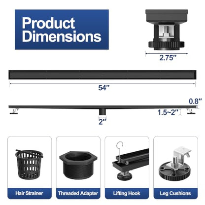 Neodrain 54-Inch Linear Shower Drain-Matte Black,with Tile Insert Grate | 304 Stainless Steel, Fast Drainage, Rectangle Shower Floor Drain with Leveling Feet & Hair Strainer, Fits Bathroom, Balcony - color: Matte Black, size: 54 IN