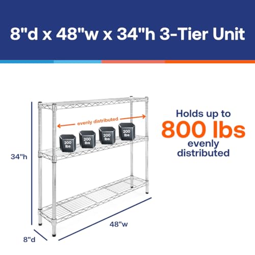 Shelving Inc. 8" d x 48" w Chrome Wire Shelving with 3 Tier Shelves | Weight Capacity 800lbs Per Shelf, Durable Kitchen and Garage Storage Shelves, Adjustable Shelf Organizer Storage Rack - size: 8" d x 48" w x 34" h