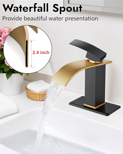 Midanya Waterfall Bathroom Faucet 1 Hole,Brushed Gold Spout/Matte Black | with 24” Hoses,Pop Up Drain,6” Deck Plate,for 1 or 3 Hole Vanity,Lavatory,RV,Single Handle Bathroom Sink Faucet,NSF Certified - color: Gold Spout/Black