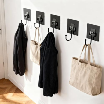 5 PCS Towel Racks for Bathroom,Adhesive Wall Hooks with Sticky Backing,Matte Black Stainless Steel for Hanging Robe and Coat