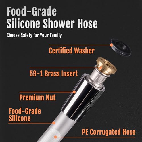 Shower Hose SHORT, Ultra-Soft Silicone Shower Hose Extension, Anti-Kink Designed Long Handheld Shower Head Hose Replacement with Brass Insert and Nut, 39 Inches, Silver - color: Silver, size: 39 Inches