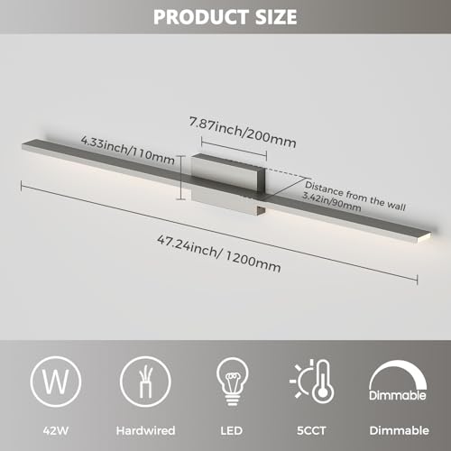 JUSHENG Brushed Nickel Modern LED Vanity Lights for Bathroom Light Fixtures, 47.24 Inch 42W 5CCT Dimmable Vanity Light Bar Bathroom Lighting - color: Brushed Nickel-5CCT, size: 47.24'' Long-Dimmable