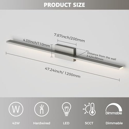 JUSHENG Brushed Nickel Modern LED Vanity Lights for Bathroom Light Fixtures, 47.24 Inch 42W 5CCT Dimmable Vanity Light Bar Bathroom Lighting - color: Brushed Nickel-5CCT, size: 47.24'' Long-Dimmable