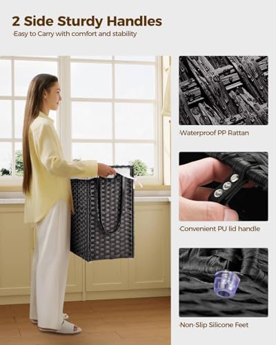 Greenstell Laundry Hamper with Wheels&Lid, 130L Large 3 Sections Clothes Hamper with 2 Types Removable Liner Bags, 5 Mesh Laundry Bags, Handwoven Divided Laundry Basket Black