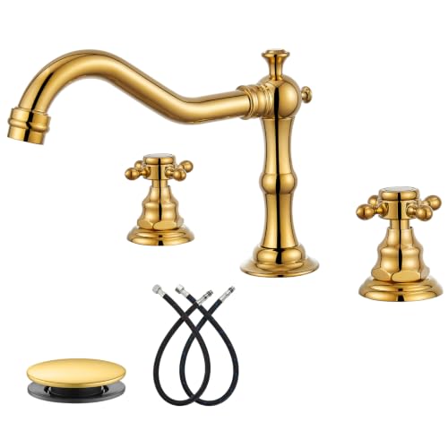 gotonovo 3 Hole 8’’ Widespread Bathroom Sink Faucet Polished Gold | Vintage Bathroom Faucet,2 Cross Handle,6-16’’ Sink,Vanity,Basin,RV,Farmhouse,SUS304,24’’ cUPC Hose Pop Up Drain,Deck Mount - color: Bright Gold