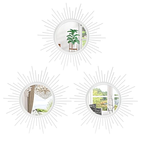 Mirror Wall Decor White Mirrors for Wall Metal Sunburst Mirrors Home Decoration Wall Art Decorative Mirror Suitable for Living Room Bedroom Bathroom Entrance Set of 3 12'' - color: Sunburst-white, size: 3 Set 12"L x 12"W