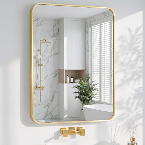 Bathroom Mirror for Wall, 30"x40" Black Bathroom Mirror for Over Sink, Shatterproof Tempered Glass Vanity Mirror with Anti-Rust Aluminum Alloy Frame, Hang Horizontally or Vertically, Gold - color: Gold, size: 40"L x 30"W