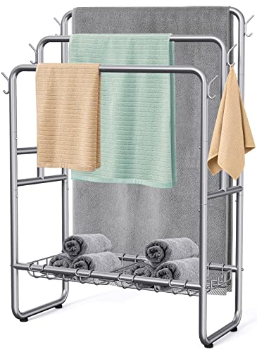 Kayfia 40'' Freestanding 3 Tier Metal Towel Rack, 2 Baskets & 6 Hooks | Dual-Use Drying & Display Rack, Holds Oversized Bath Towels & Blankets, fits Indoor, Bathroom, Bedroom & Outdoor, Silver - color: Grey