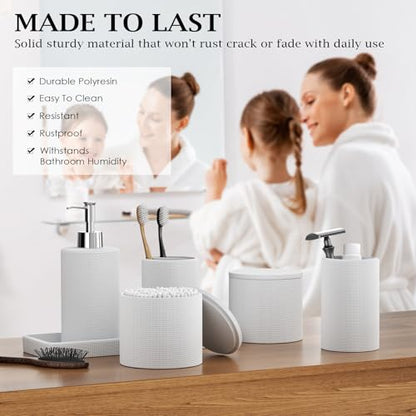 6-Piece White Bathroom Set - Mesh Textured Resin Bathroom Accessories Set with Soap Dispenser, Toothbrush Holder, Cup, Vanity Tray & Apothecary Jars for Small Spaces - color: White - Mesh Textured