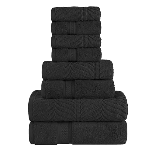 SUPERIOR Cotton Chevron 8 Piece Assorted Towel Set, Zero Twist, Quick Dry, Home Essentials, Shower, Spa, Luxury Plush Soft Absorbent Towels, Includes 2 Bath, 2 Hand, 4 Washcloth/Face Towels, Black - color: Black, size: 8 Piece Towel Set (Solid + Jacquard)