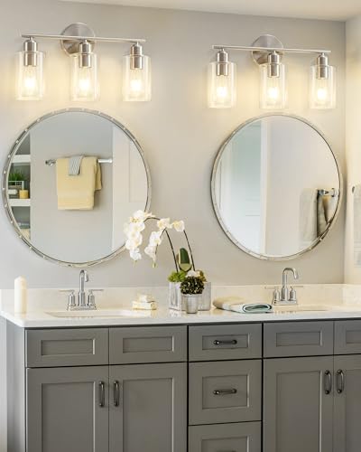 Brushed Nickel Vanity Lights - 3-Light Modern Bathroom Lighting Fixtures with Clear Glass Shade - Wall Sconce for Hallway - 2Pack - color: Brushed Nickel, size: 3 Light - 2 pack