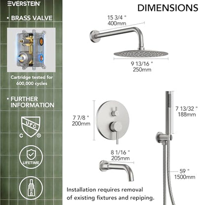 10" High-Pressure Rainfall Shower System with Handheld Spray, Wall Mount Bathroom Shower Faucet Set with Tub Spout (Brushed Nickel) - color: Brushed Nickel, style: With Tub Spout