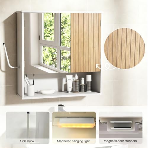 Bathroom Cabinet with Mirror & LED, Wall Mounted Bathroom Cabinet,Side Hook | Magnetic mirror Door,Detachable magnetic Light ,Adjustable Shelves,Side Hook,Open Bottom Shelf,Wood Grain,Over Toilet Mount - color: White&wood