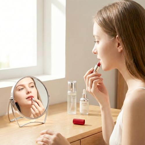2 Pack Two-Sided Makeup Mirror with Handle, 1X and 3X Magnifying Mirror, 360° Swivel Vanity Table Mirror, Portable Bathroom Shaving Mirror for Desk, Travel, Women, 6" Round