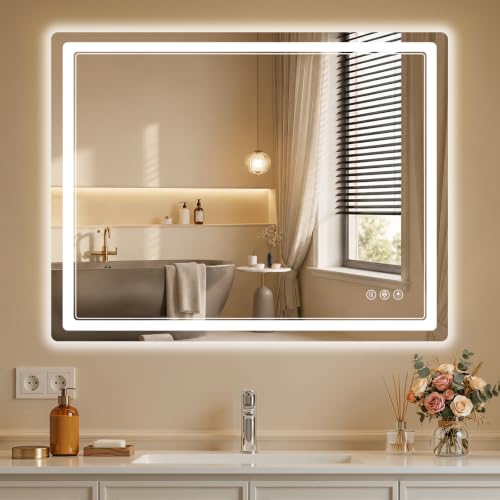 BEAUTYPEAK 28"x36" LED Bathroom Mirror with Lights, Backlit + Front Lit, Anti-Fog, Lighted Bathroom Mirror for Wall, HD Shatterproof Tempered Glass, Dimmable, Memory Function (Horizontal/Vertical) - size: 36"L x 28"W