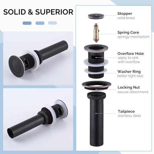 Angle Simple Bathroom Sink Drain Stopper with Overflow, Oil-Rubbed Bronze | Brass Pop Up Vanity Sink Drain Stopper, Fits Lavatory & Vanity Sink with 1.61 to 2 Inches Drain Hole - color: Oil-rubbed Bronze