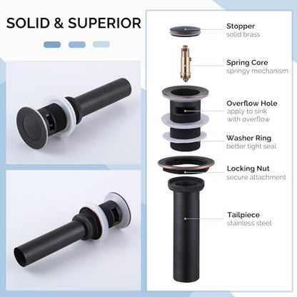 Angle Simple Bathroom Sink Drain Stopper with Overflow, Oil-Rubbed Bronze | Brass Pop Up Vanity Sink Drain Stopper, Fits Lavatory & Vanity Sink with 1.61 to 2 Inches Drain Hole - color: Oil-rubbed Bronze
