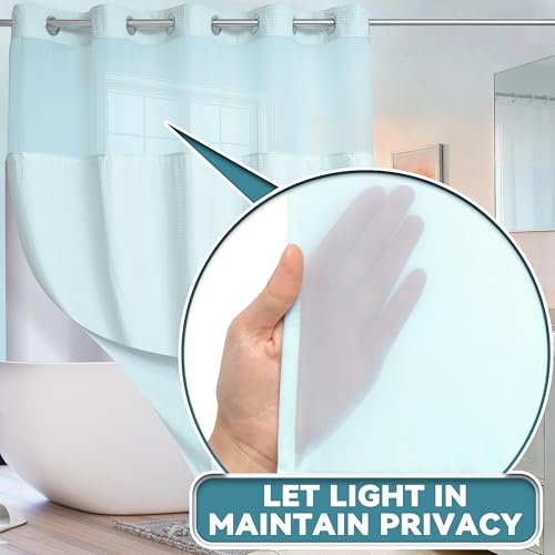 Conbo Mio No Hook Waffle Weave Shower Curtain with Snap in Liner Set, Hotel Luxury Blue Shower Curtains for Bathroom with See Through Top Window, Waterproof, Washable 71W x 74H - color: Waffle-blue, size: 71"W x 74"L (Pack of 1)