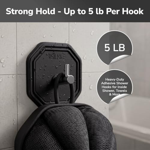 SILKLE Silicone Shower Hooks for Inside Shower, 2-Pack Adhesive Towel Hooks | Adhesive Shower Hooks, No Drill - Razor & Loofah Holders for Shower Wall, Heavy-Duty, Waterproof, Damage-Free - Black - color: Black