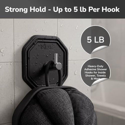 SILKLE Silicone Shower Hooks for Inside Shower, 2-Pack Adhesive Towel Hooks | Adhesive Shower Hooks, No Drill - Razor & Loofah Holders for Shower Wall, Heavy-Duty, Waterproof, Damage-Free - Black - color: Black