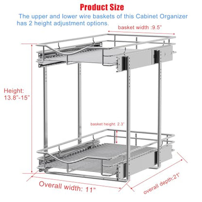 DINDON 2 Tier Pull Out Cabinet Organizer (11" W X 21" D), Double Tier Wire Basket Slide Out Shelf Storage for Kitchen Base Cabinet Organization for Kitchen, Pantry, Bathroom, Chrome - size: 11" W X 21" D