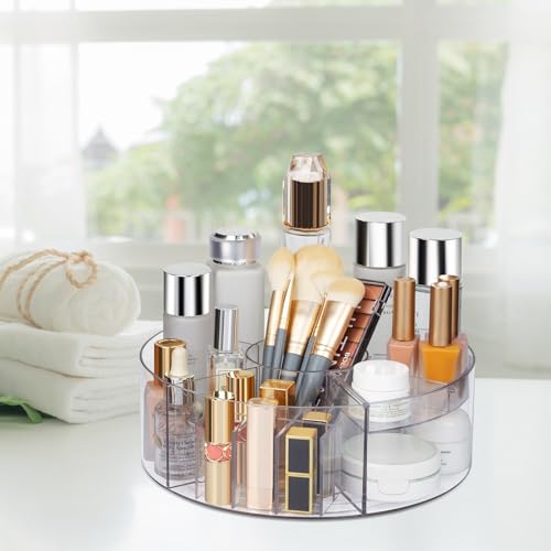 360° Rotating Makeup Organizer, 10" Clear Turntable Lazy Susan Organizer for Vanity, Bathroom Counter, Cabinet, Spinning Cosmetic Storage Holder with 6 Dividers for Skincare, Makeup Brushes, Lipsticks