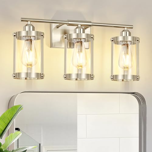3-Light Brushed Nickel Bathroom Light Fixtures, 21 Inch Modern Bathroom Vanity Lighting Fixtures Over Mirror with Clear Glass and Metal Cage Wall Sconce Lights for Bath, E26, OS-3014BN-3W - color: Nickel + Clear Glass, size: 3-Light, 21" L