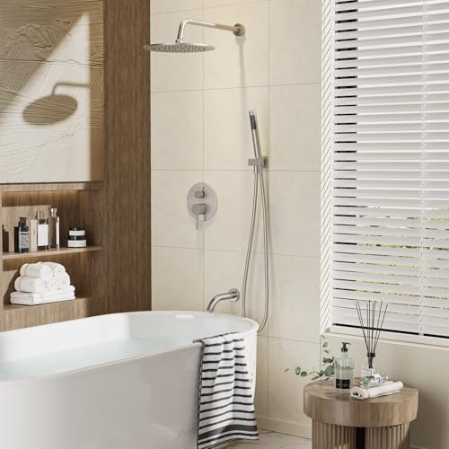 Gabrylly Shower System, 10" Bathtub Shower Faucets Set, Brushed Nickel | All Metal Rain Shower Head with Handheld Spray Combo and Tub Spout, Luxury Bathroom Rainfall Shower Head Set With Valve - color: Nickel