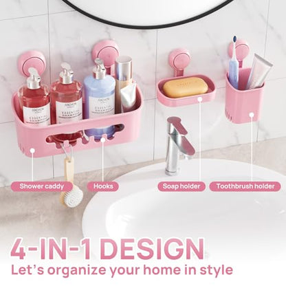 Shower Caddy Suction Cup Set Shower Organizer & Soap Holder, Pink | Toothbrush Holder, Bathroom Shelf Basket NO-Drilling, Removable Suction Storage, Waterproof Bathroom Caddy - color: 3 X Pink