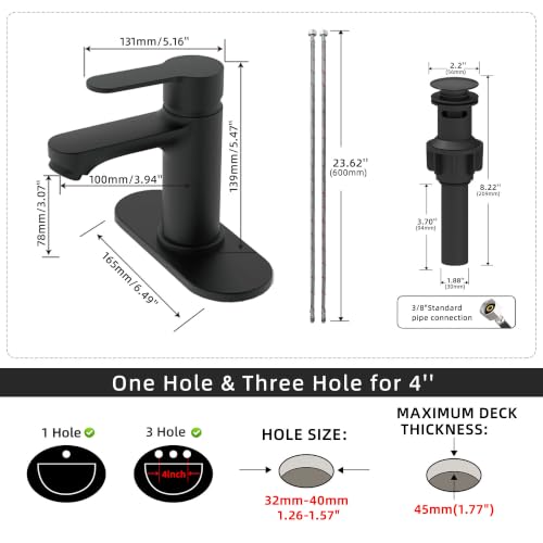 BELZ Black Bathroom Faucet, Lead-Free for 1 or 3 Hole 4" Vanity Sink | NSF372 Compliant,Anti-peeling PVD Finish,Includes Pop-up Drain & Hoses,Single Handle Modern Design, Easy DIY Install - color: Matte Black