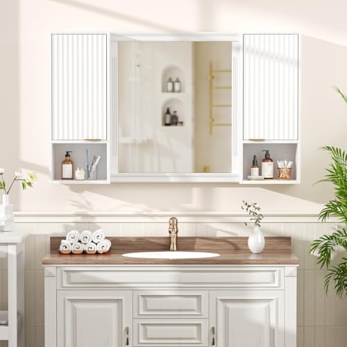 AKMAKM 59.1" Tall Slim Bathroom Storage Cabinet White | Freestanding or Wall Mounted Modular Cabinet, Fluted Panel Linen Tower with Adjustable Shelves for Small Spaces - color: White