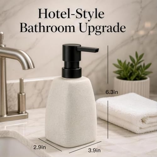 Stone Soap Dispenser, Matte Speckled Off White Ceramic Soap Dispenser with Black Pump, Modern Countertop Liquid Hand Soap Bottle for Bathroom Kitchen Decor