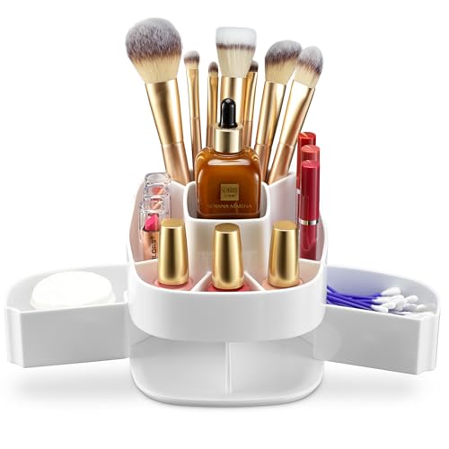 Masirs Small 360 Rotating Makeup Organizer, 5 Compartments, Square White | Small 360 Rotating Makeup Organizer, 5 Compartments, Acrylic Mini Lazy Susan, Vanity Bathroom Counter, Square White - color: Square White