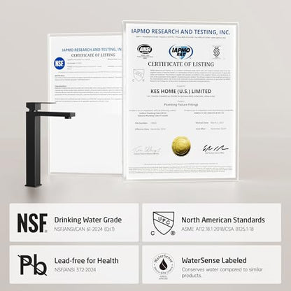 KES Bathroom Faucet Black Vessel Sink Faucet cUPC Certified, Single Hole Tall Bathroom Faucet Stainless Steel, L3156BLFF12-BK - color: Black, style: NO Drain - TALL Faucet for Vessel Sink