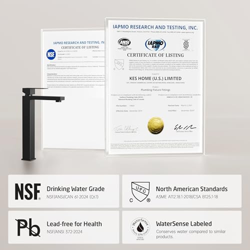 KES Vessel Sink Faucet and Drain Combo, Black Bathroom Faucets, Tall Faucets, All-Metal Pop Up Sink Drain NO Overflow, Matte Black, L3156BLFF12-BK-C2 - color: Black, style: w/ Drain (NO Overflow) - TALL Faucet