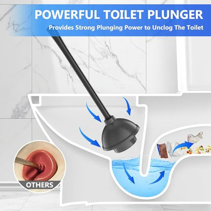 Toilet Plunger and Brush, Bowl Brush and Heavy Duty Toilet Plunger Set with Ventilated Holder, 2-in-1 Toilet Brush and Plunger Combo for Bathroom Cleaning (Black)