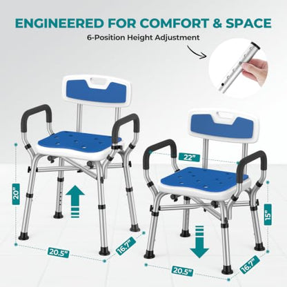 Shower Chair for Inside Shower with Arms & Back, 550 lbs, 6 Heights | Dual Crossbar Frame, Non-Slip Feet, 22-Inch EVA-Cushioned Seat, Showerhead Holder, Rust-Resistant Aluminum, Tool-Free Setup - color: Blue