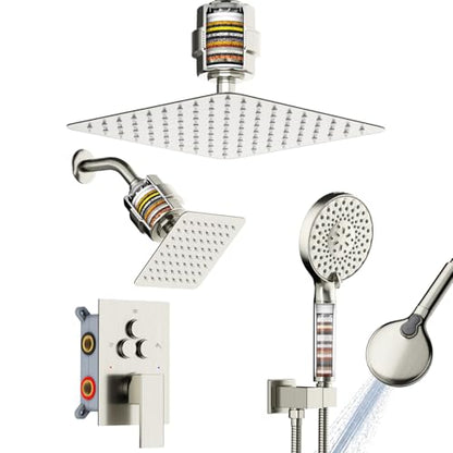 Shower Faucet Set Shower System - EMBATHER Brushed Nickel Push Button Diverter Filtered Dual Shower Faucet Valve Kit with Rain Ceiling Mount 10'' Shower Head 6'' Wall Mount, 9 in 1 Handheld for Couple