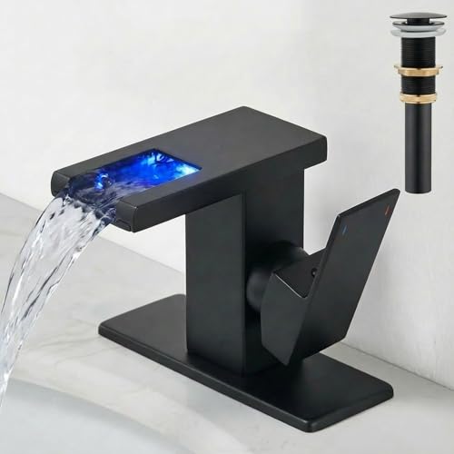 AVSIILE LED Bathroom Sink Faucet, Matte Black Waterfall Single Hole Handle Vanity Faucets for Sinks 1 Hole with Metal Pop Up Drain and 2 Water Supply Lines, Side Handle - color: Matte Black