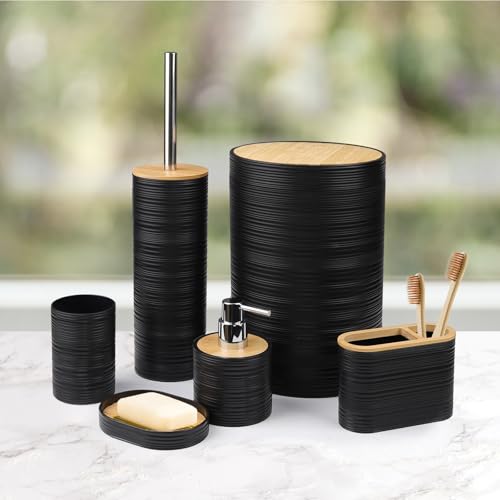 CERBIOR Bathroom Accessories Set Bath Ensemble Includes Soap Dispenser, Toothbrush Holder, Toothbrush Cup, Soap Dish for Decorative Countertop and Housewarming Gift (Black Spiricle) - style: Shiny Black