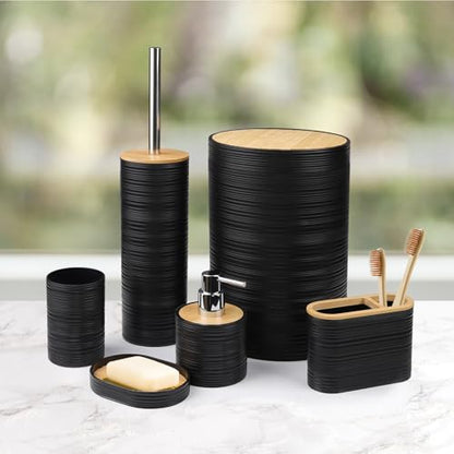 CERBIOR Bathroom Accessories Set Bath Ensemble Includes Soap Dispenser, Toothbrush Holder, Toothbrush Cup, Soap Dish for Decorative Countertop and Housewarming Gift (Black Spiricle) - style: Shiny Black
