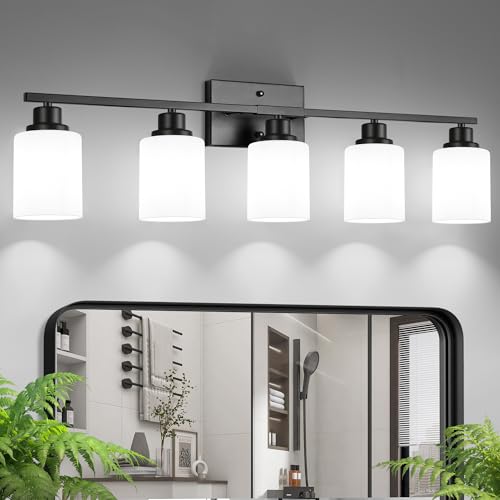 Ascher Bathroom Light Fixtures, 5-Light Vanity Light Over Mirror, Matte Black Wall Sconces with Milky White Frosted Glass Shades, Wall Lamp for Living Room Bedroom, E26 Base(Bulbs Not Included) - color: Black, size: 5-Light