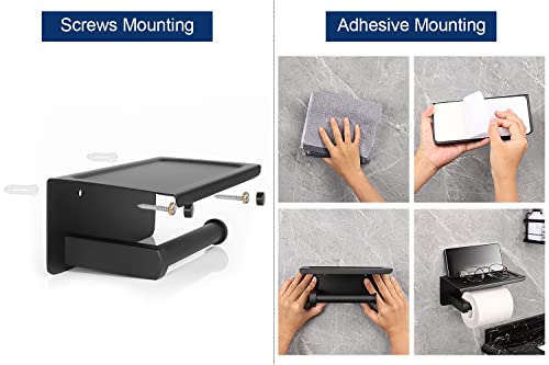 NearMoon Toilet Paper Holder with Shelf, Heavy Duty Bath Toilet Roll Holder with Phone Shelf Tissue Hanger for Bathroom/Kitchen No Drill or Wall Mounted(304 Stainless Steel, Matte Black) - color: Matte Black