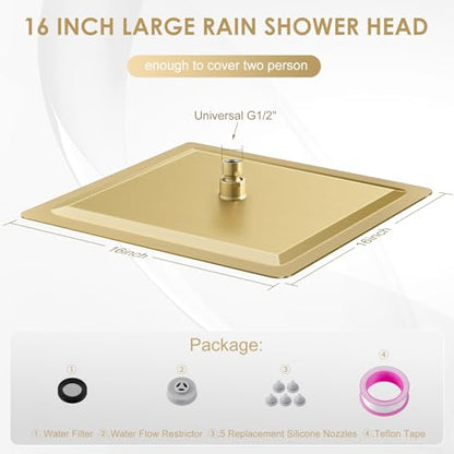 16 inch Brushed Gold Large Rain Shower Head Ceiling Mount - All Metal 304 Stainless Steel, Full Body Rainfall Shower with 324 Silicon Nozzles - Waterfall Bathroom Square Showerhead - color: Brushed Gold, size: 16 Inch Square