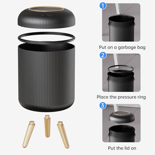 URALFA Motion Sensor Trah Can Bathroom, 3 Gal Automatic Trash Can with Lid | Touchless Sensor Garbage Can with Removable Legs, Smart Waterproof Trash Bin for Bedroom, Office, Restroom, Black and Gold - color: Black, style: Automatic with Legs